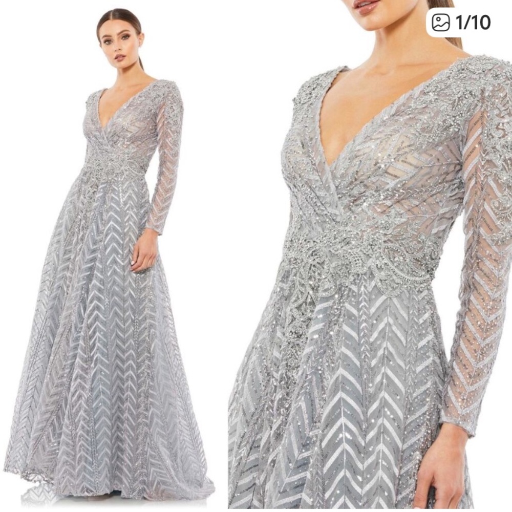 Mac Duggal Silver Long Sleeve Gown